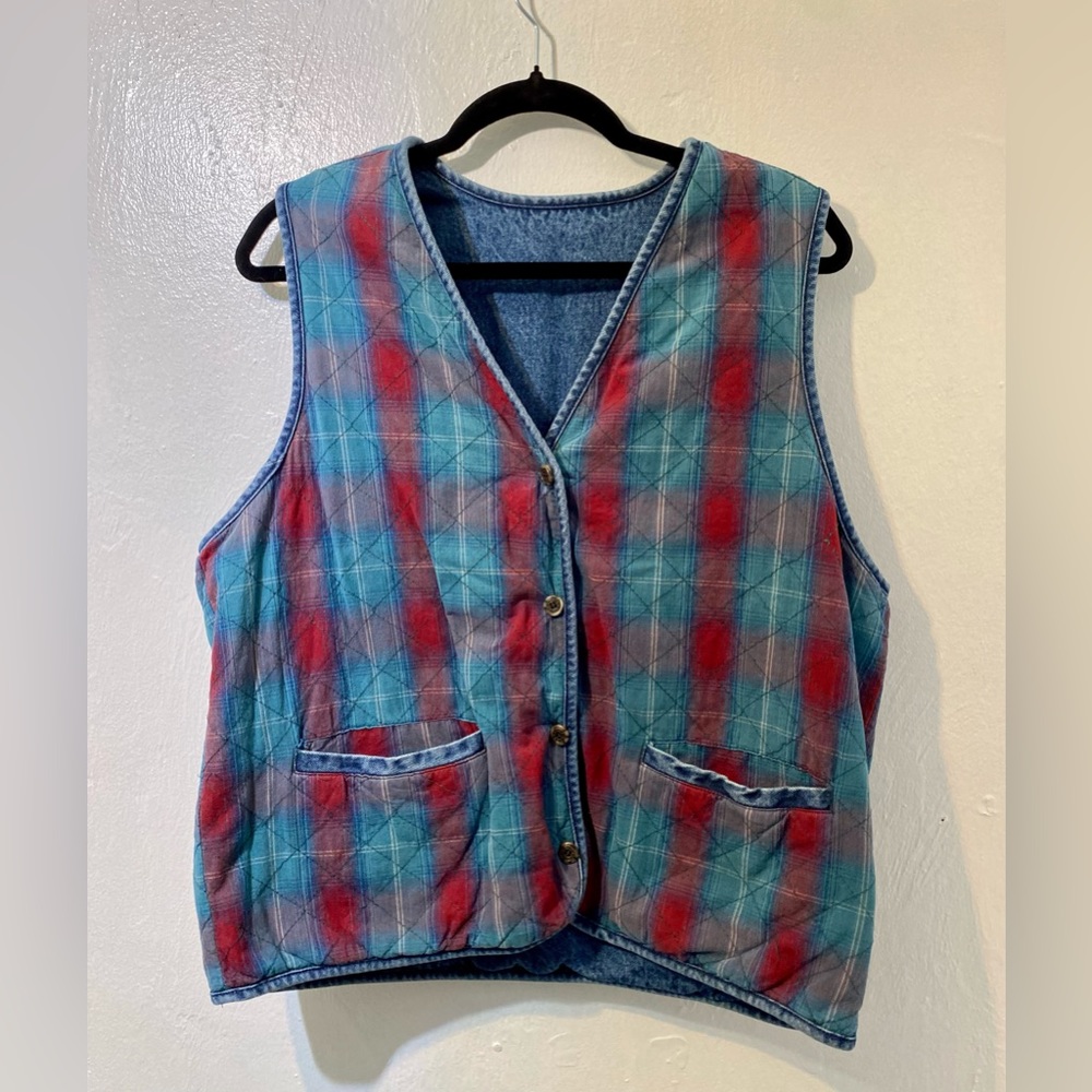 Vintage Bugle Boy Blue Denim and Plaid  Reversible Quilted Vest.Size L